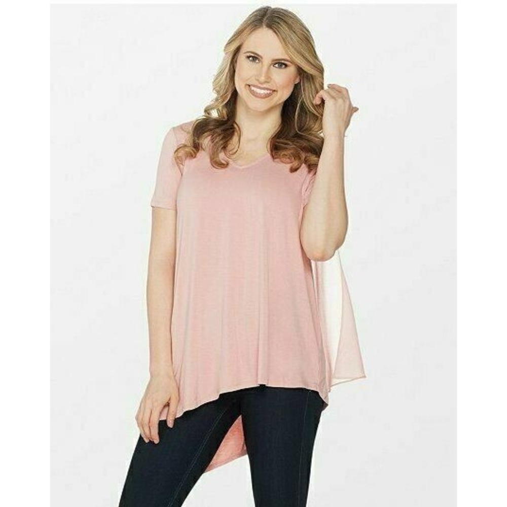 Lisa Rinna Collection Womens V-Neck Top Chiffon Back Detail Rose Tan‎ Plus 1X